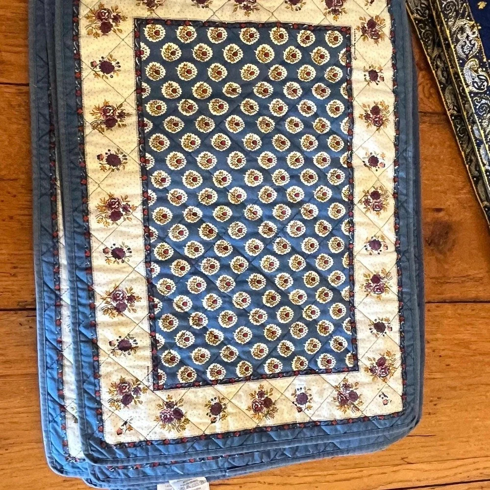 French Quilted Cotton Placemats Blue Floral Made in France Set of 8